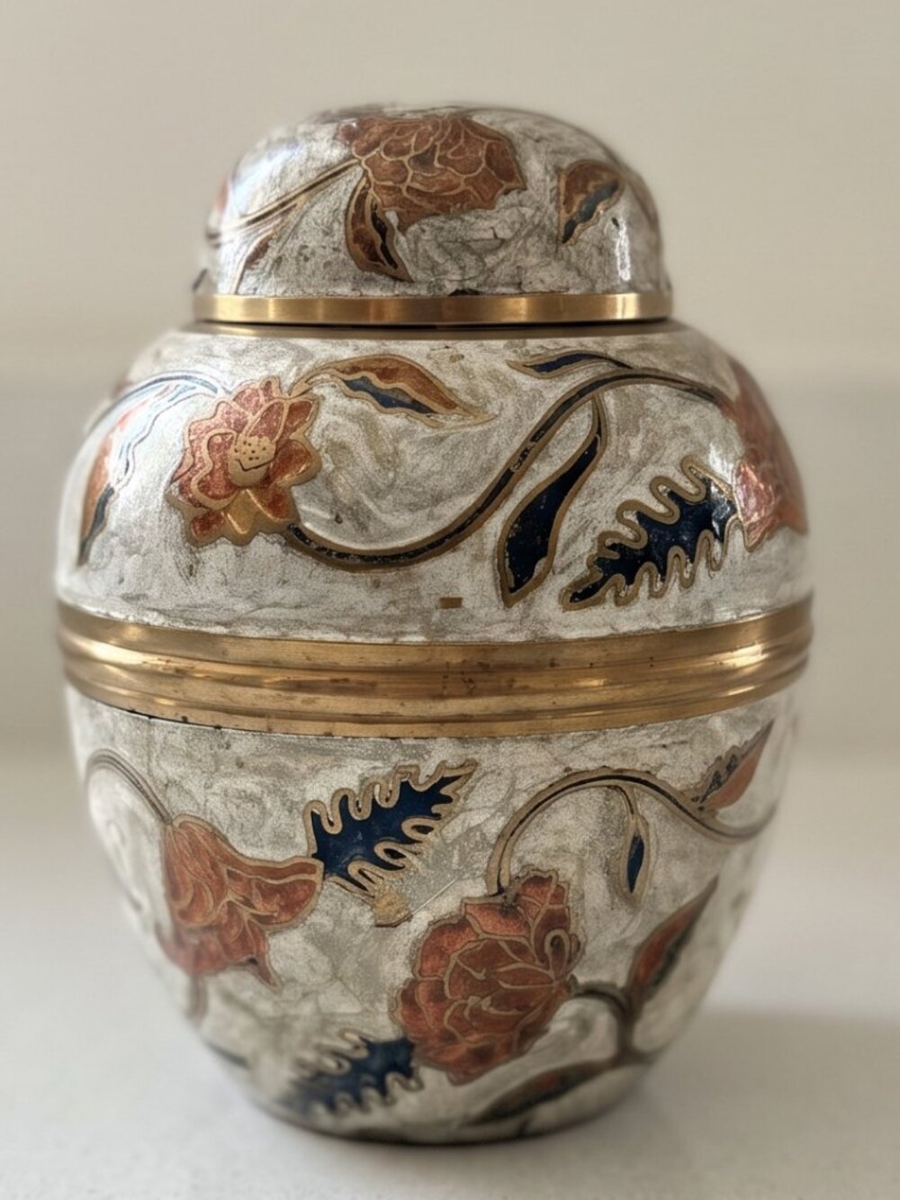 Vintage India Brass Enamel Ginger Jar Lidded Floral Urn Hand Painted 5.25in Vase